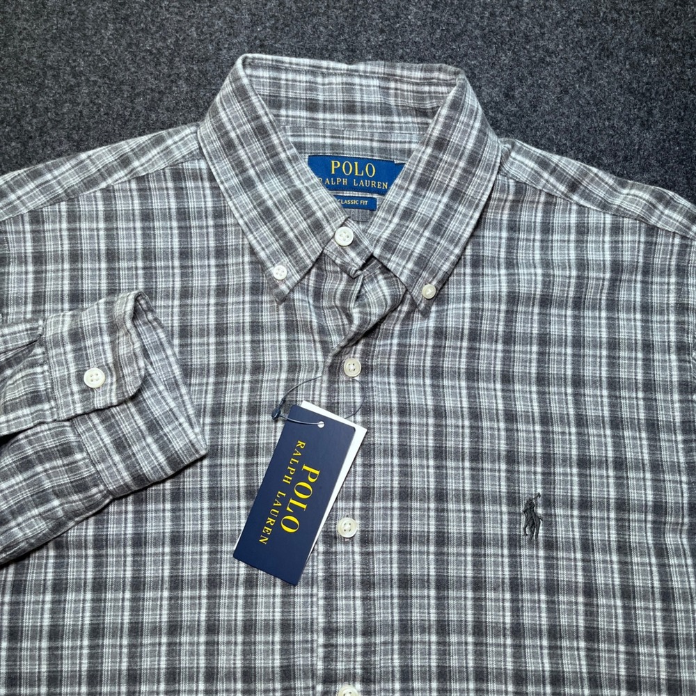 Polo Ralph Lauren Mens M Grey New Plaid Classic Fit Brushed Oxford Long Sleeve